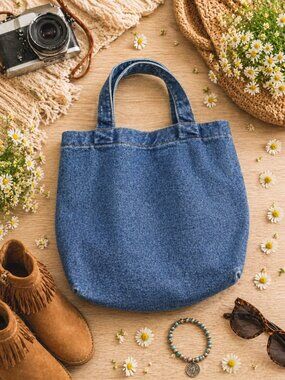Denim Mini Tote 100% Cotton Jean Boho Small Everyday Carry Beach Vacation Bag